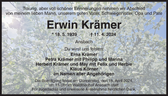 Traueranzeige von Erwin Krämer von Neustadt/ Scheinfeld/ Uffenheim
