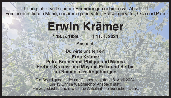 Traueranzeige von Erwin Krämer von Ansbach