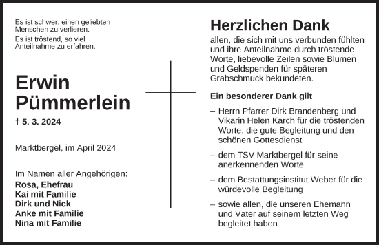 Traueranzeige von Erwin Pümmerlein von Neustadt/ Scheinfeld/ Uffenheim