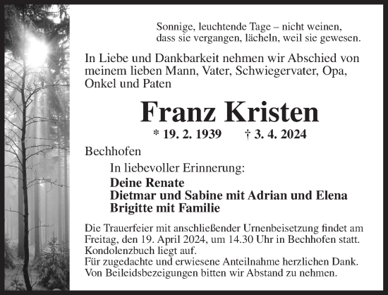 Traueranzeige von Franz Kristen von Ansbach