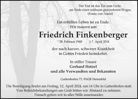 Traueranzeige von Friedrich Finkenberger von Rothenburg