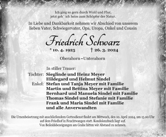 Traueranzeige von Friedrich Schwarz von Dinkelsbühl/ Feuchtwangen