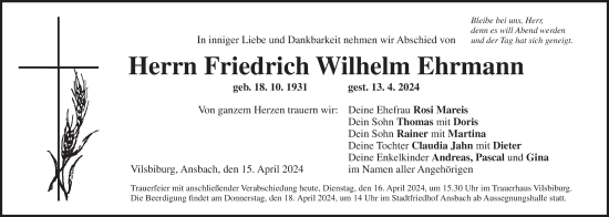 Traueranzeige von Friedrich Wilhelm Ehrmann von Ansbach