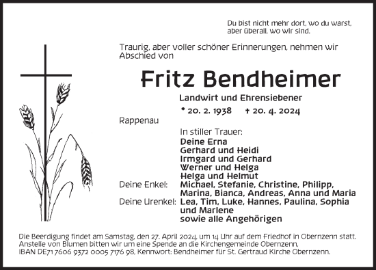 Traueranzeige von Fritz Bendheimer von Neustadt/ Scheinfeld/ Uffenheim