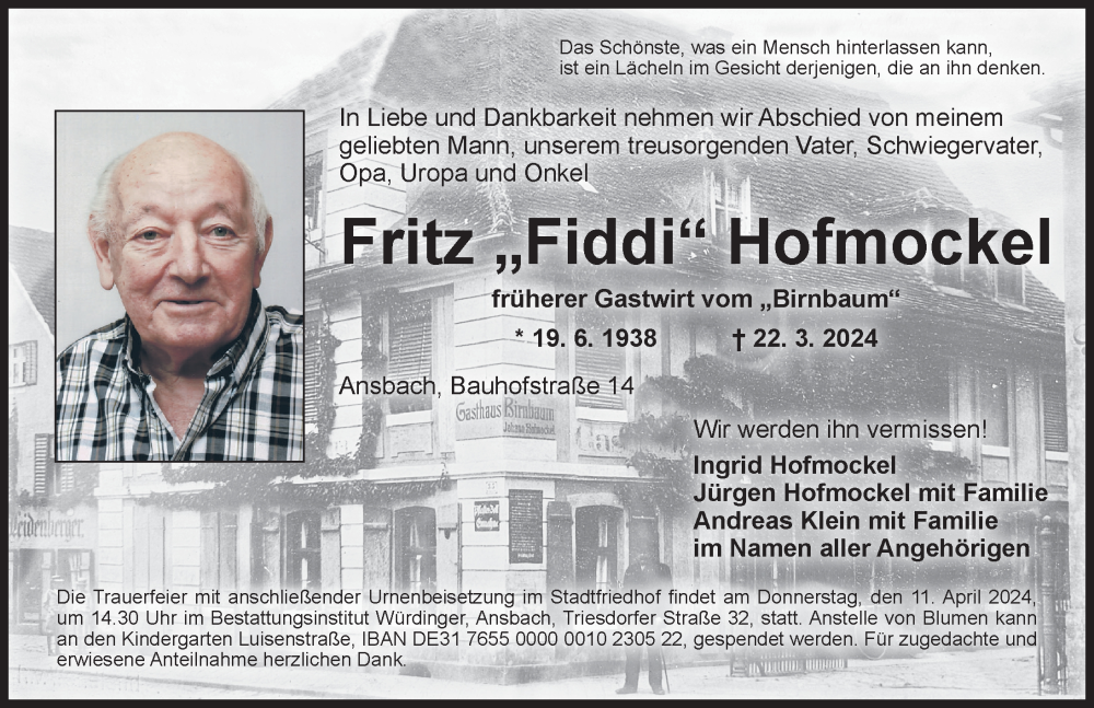  Traueranzeige für Fritz Hofmockel vom 06.04.2024 aus Ansbach