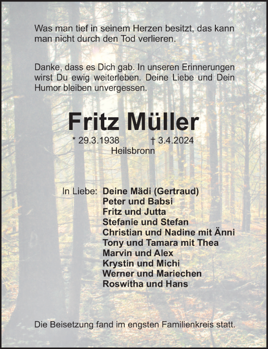 Traueranzeige von Fritz Müller von Ansbach