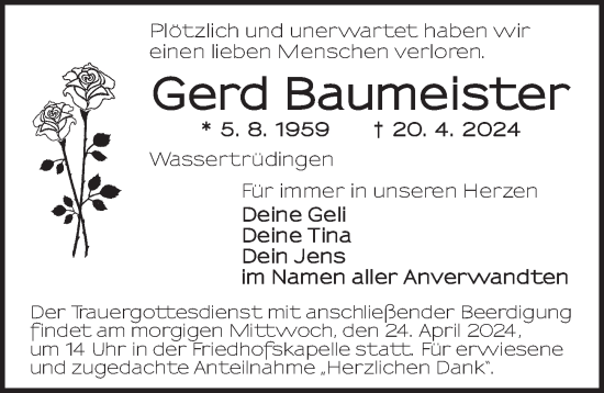 Traueranzeige von Gerd Baumeister von Dinkelsbühl/ Feuchtwangen