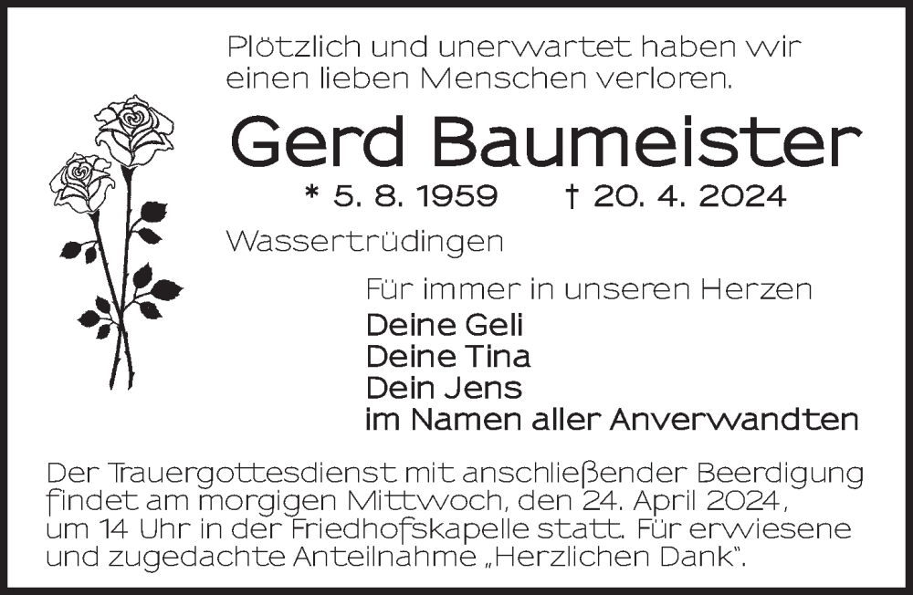  Traueranzeige für Gerd Baumeister vom 23.04.2024 aus Dinkelsbühl/ Feuchtwangen