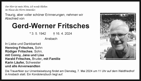 Traueranzeige von Gerd-Werner Fritsches von Ansbach