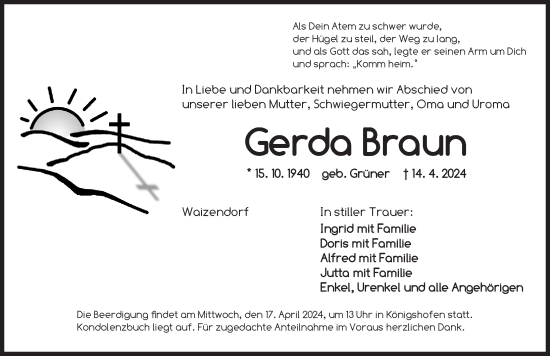 Traueranzeige von Gerda Braun von Ansbach