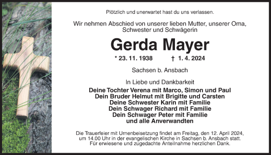 Traueranzeige von Gerda Mayer von Ansbach