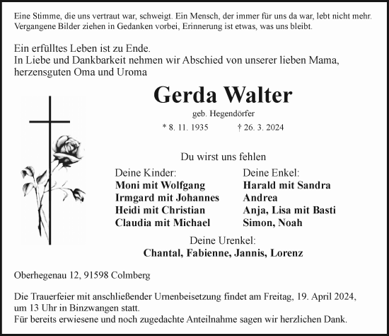 Traueranzeige von Gerda Walter von Ansbach