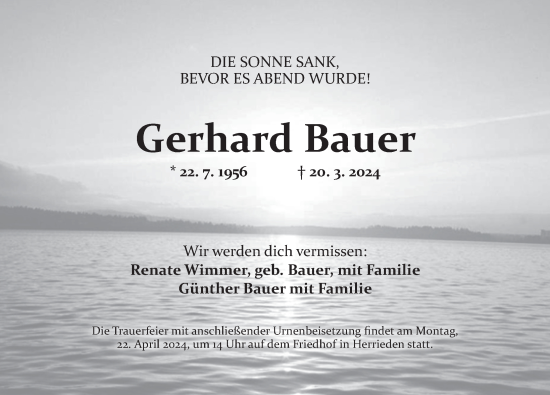 Traueranzeige von Gerhard Bauer von Ansbach