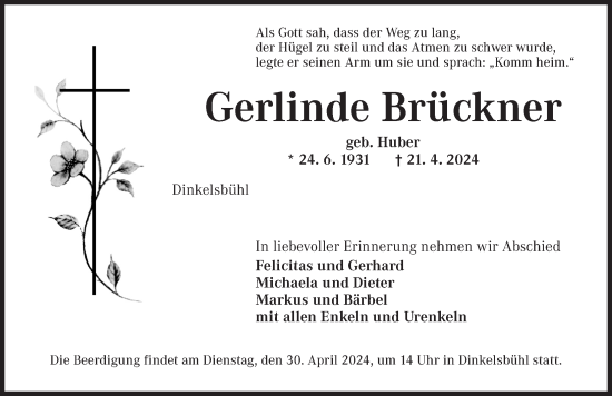 Traueranzeige von Gerlinde Brückner von Dinkelsbühl/ Feuchtwangen