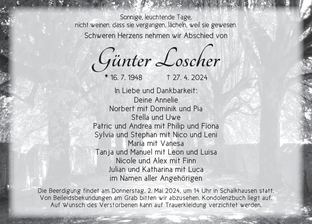  Traueranzeige für Günter Loscher vom 30.04.2024 aus Ansbach