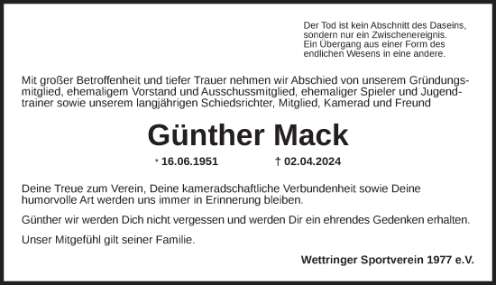 Traueranzeige von Günther Mack von Rothenburg