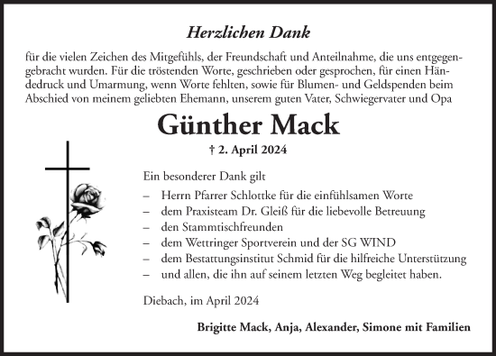 Traueranzeige von Günther Mack von Rothenburg