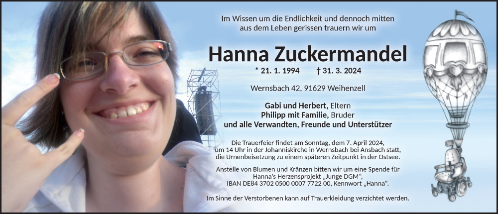  Traueranzeige für Hanna Zuckermandel vom 05.04.2024 aus Ansbach