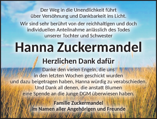 Traueranzeige von Hanna Zuckermandel von Ansbach