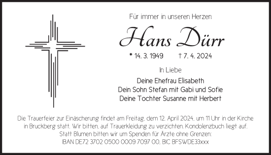 Traueranzeige von Hans Dürr von Ansbach