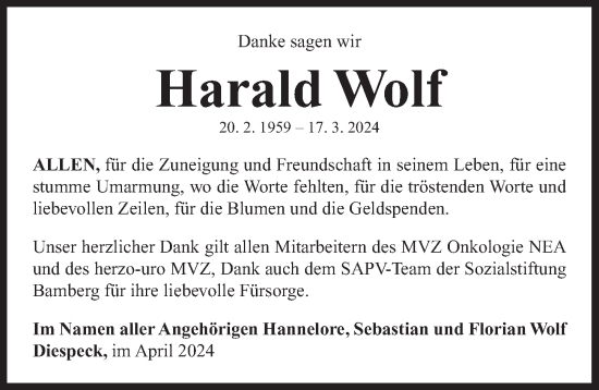 Traueranzeige von Harald Wolf von Neustadt/ Scheinfeld/ Uffenheim