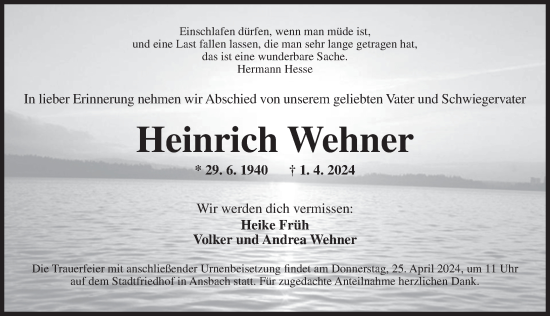 Traueranzeige von Heinrich Wehner von Ansbach