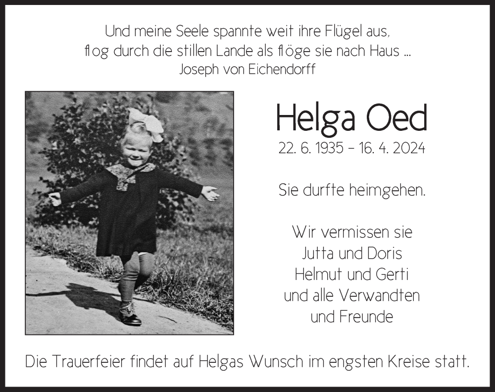  Traueranzeige für Helga Oed vom 20.04.2024 aus Neustadt/ Scheinfeld/ Uffenheim