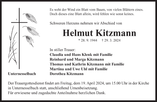 Traueranzeige von Helmut Kitzmann von Neustadt/ Scheinfeld/ Uffenheim