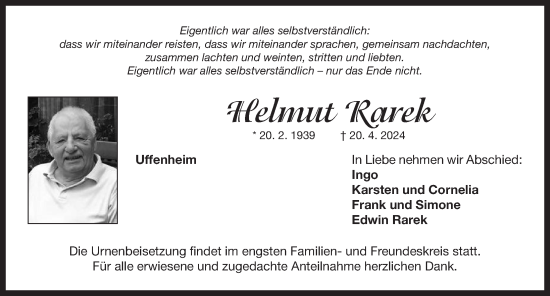 Traueranzeige von Helmut Rarek von Neustadt/ Scheinfeld/ Uffenheim