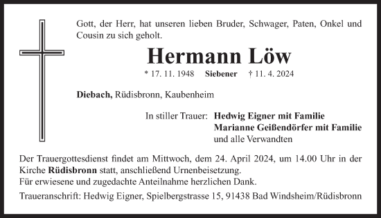 Traueranzeige von Hermann Löw von Neustadt/ Scheinfeld/ Uffenheim