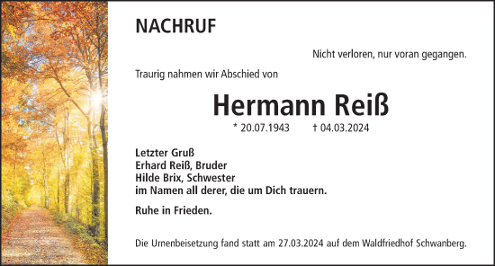 Traueranzeige von Hermann Reiß von Rothenburg