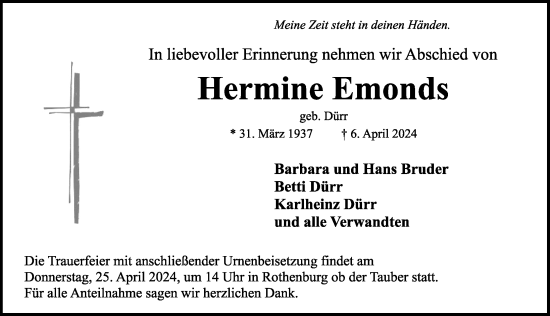 Traueranzeige von Hermine Emonds von Rothenburg