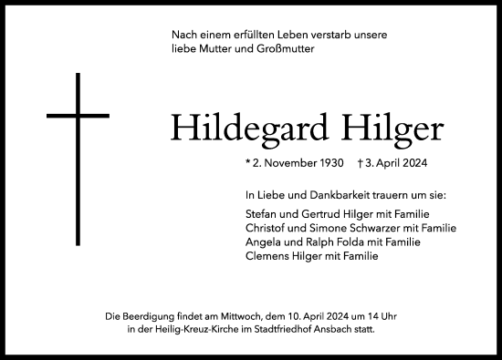 Traueranzeige von Hildegard Hilger von Ansbach