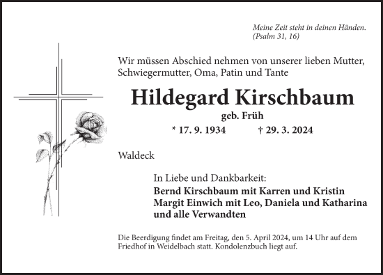 Traueranzeige von Hildegard Kirschbaum von Dinkelsbühl/ Feuchtwangen