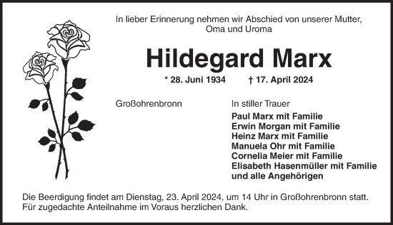 Traueranzeige von Hildegard Marx von Dinkelsbühl/ Feuchtwangen
