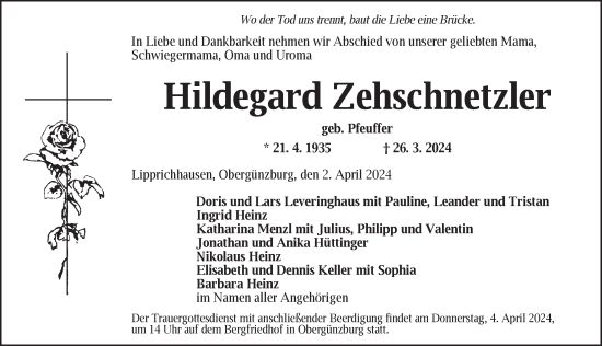 Traueranzeige von Hildegard Zehschnetzler von Neustadt/ Scheinfeld/ Uffenheim