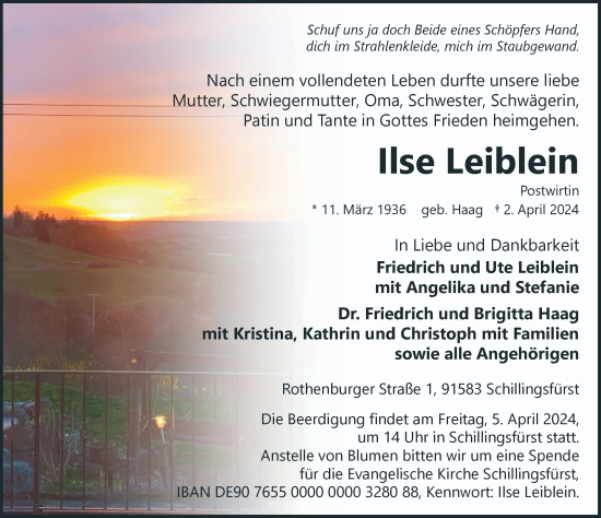 Traueranzeige von Ilse Leiblein von Rothenburg