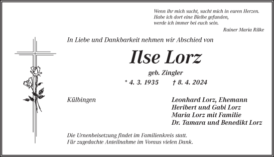 Traueranzeige von Ilse Lorz von Ansbach