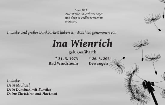 Traueranzeige von Ina Wienrich von Neustadt/ Scheinfeld/ Uffenheim