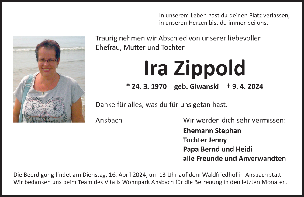  Traueranzeige für Ira Zippold vom 13.04.2024 aus Ansbach