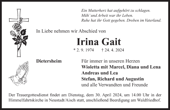 Traueranzeige von Irina Gait von Neustadt/ Scheinfeld/ Uffenheim