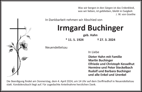 Traueranzeige von Irmgard Buchinger von Ansbach