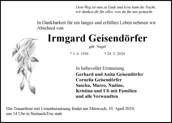 Traueranzeige von Irmgard Geisendörfer von Neustadt/ Scheinfeld/ Uffenheim