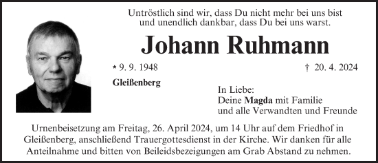 Traueranzeige von Johann Ruhmann von Neustadt/ Scheinfeld/ Uffenheim
