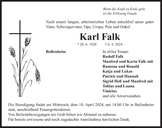 Traueranzeige von Karl Falk von Neustadt/ Scheinfeld/ Uffenheim