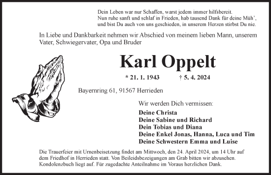 Traueranzeige von Karl Oppelt von Ansbach
