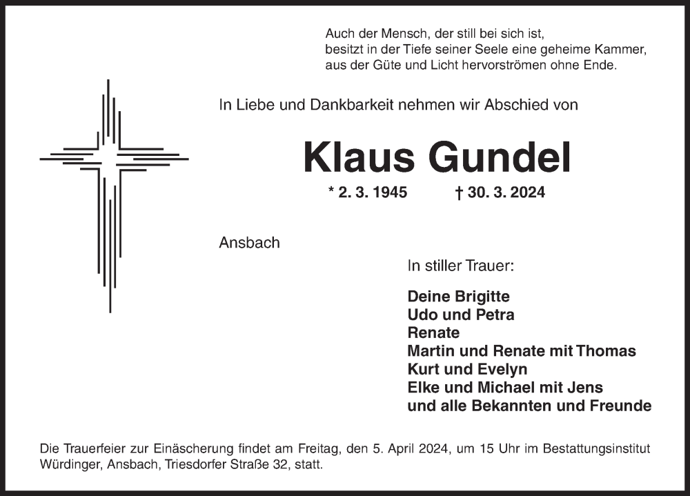  Traueranzeige für Klaus Gundel vom 04.04.2024 aus Ansbach