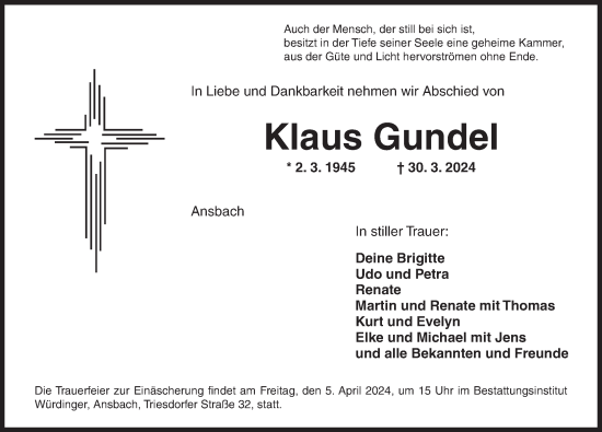 Traueranzeige von Klaus Gundel von Ansbach