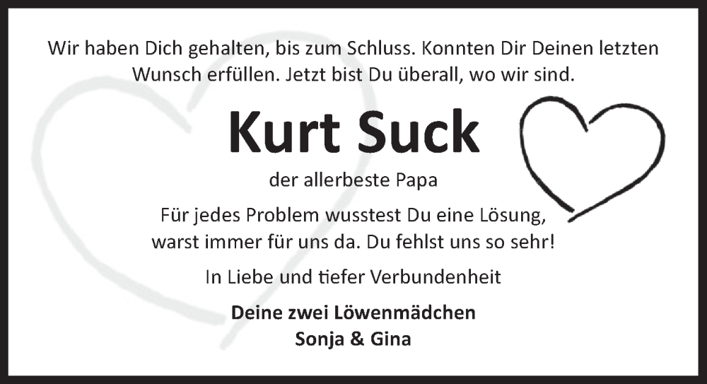  Traueranzeige für Kurt Suck vom 03.04.2024 aus Neustadt/ Scheinfeld/ Uffenheim