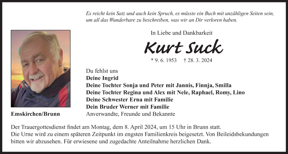  Traueranzeige für Kurt Suck vom 03.04.2024 aus Neustadt/ Scheinfeld/ Uffenheim